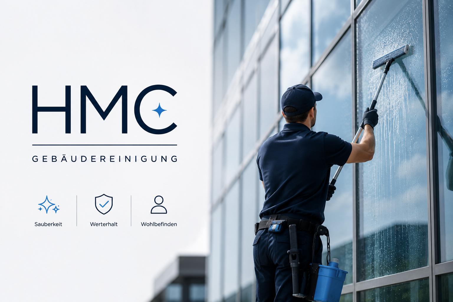 Professionelle Reinigungskraft beim Fensterputzen in einem hellen Wohnzimmer
